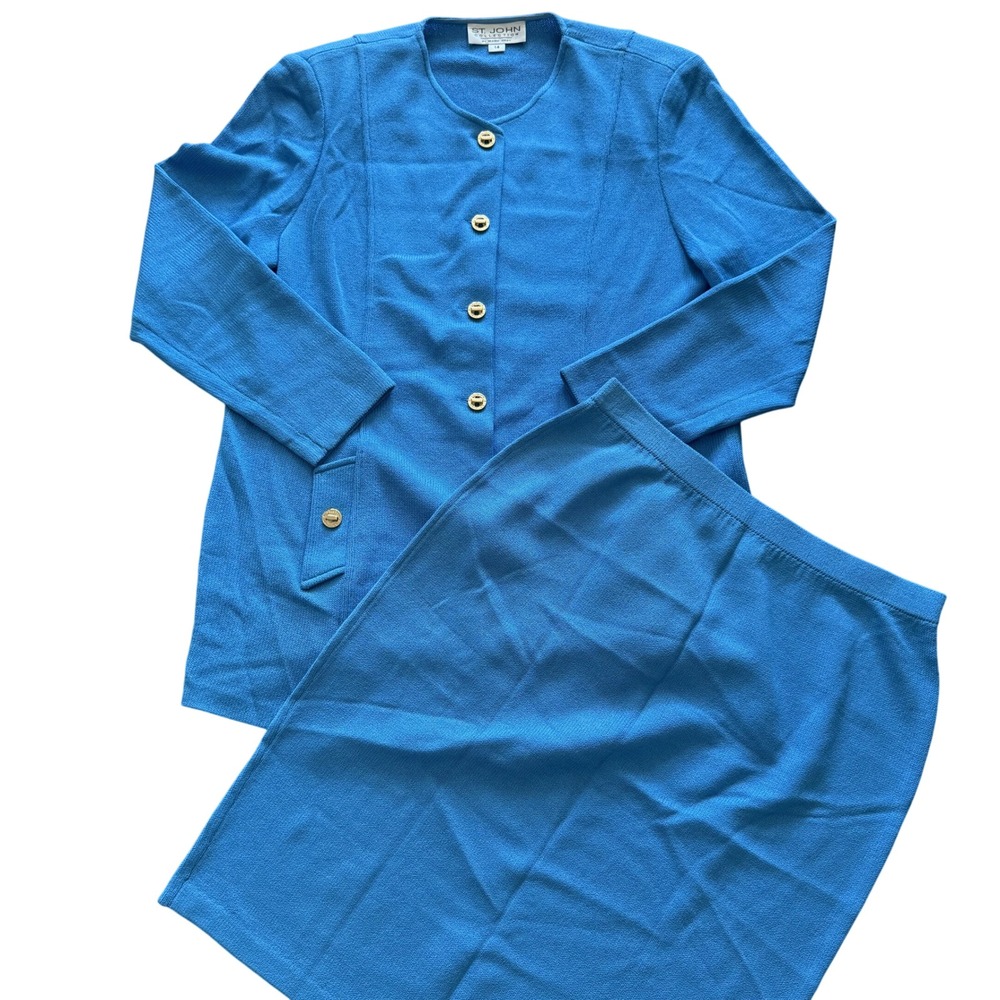 St John Collection Blue Santana‎ Knit Skirt Suit Gold Button Jacket Set Size 14